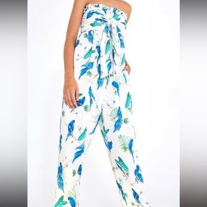 Farm Rio Strapless Parrot Print linen cotton White Jumpsuit medium